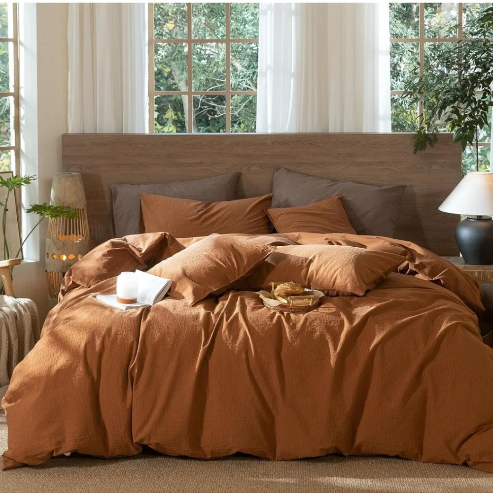 MooMee Wavy Striped Duvet Cover Set 100% Washed Cotton Linen Like Textured Breat